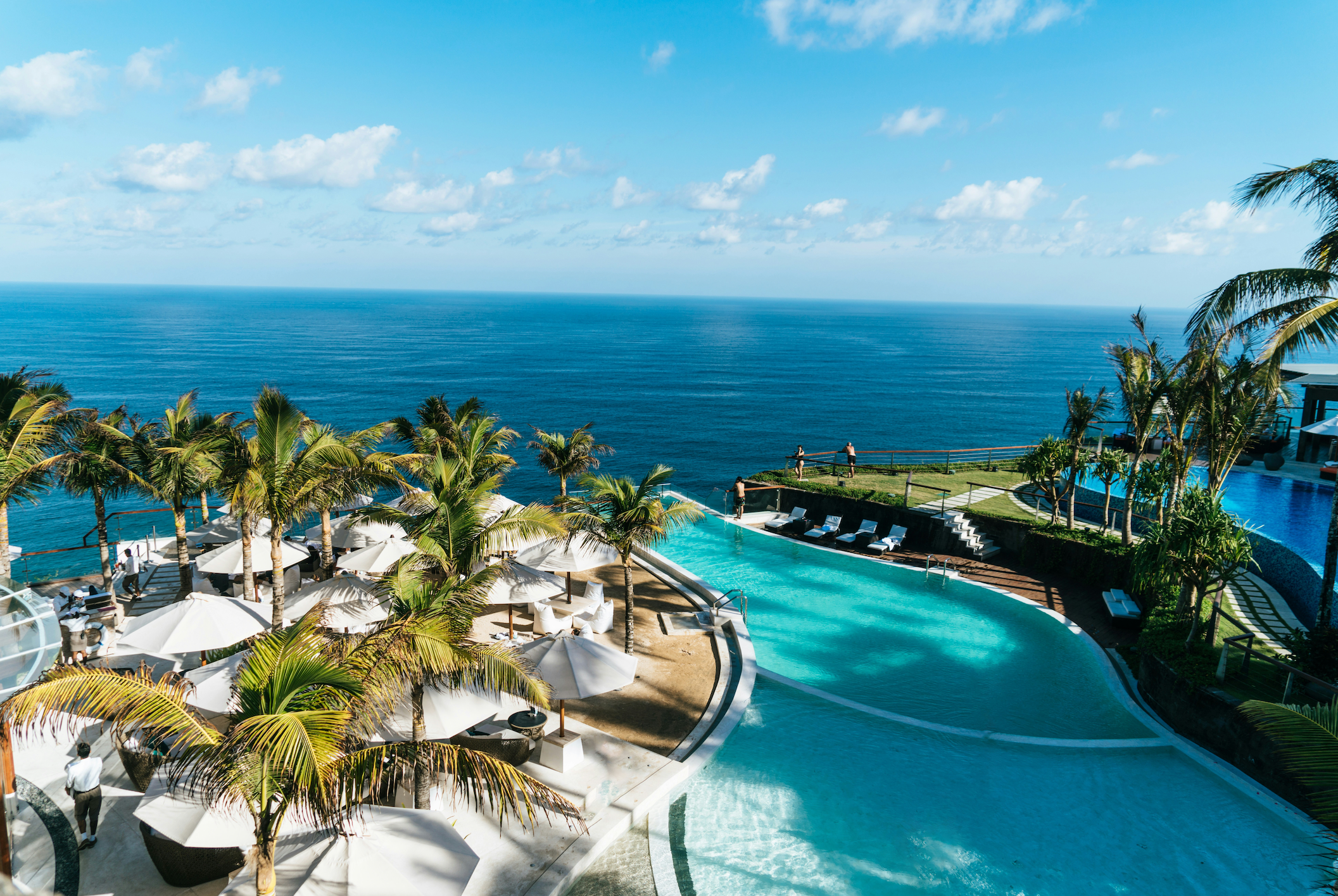 Luxury resort pool with ocean view and palm trees